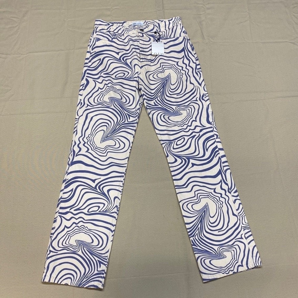 NWT Zara Blue + Off White Swirl Pattern Straight Jeans